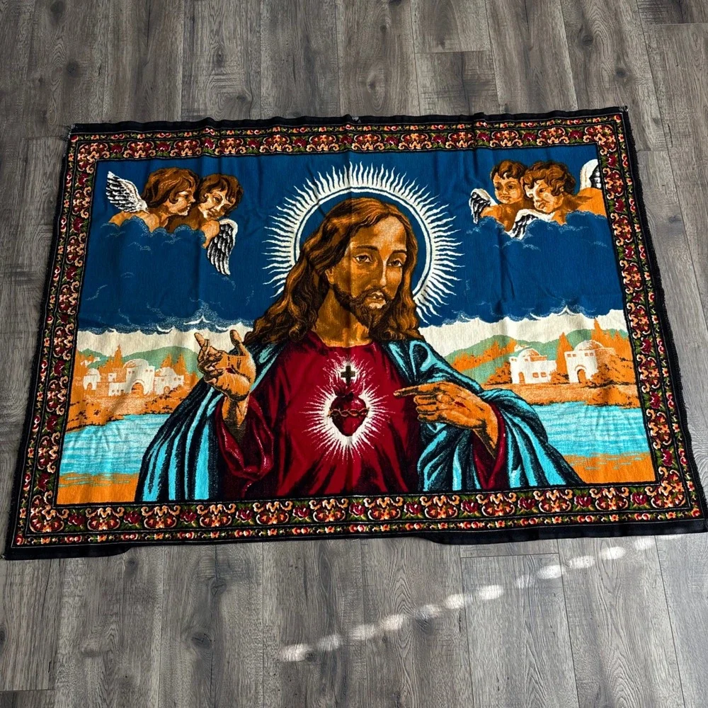 Unbranded Sacred Heart Jesus Tapestry Unisex Large Blue Woven Wall Hanging 39X54